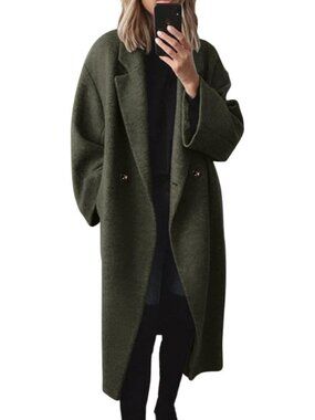 Women's Olive Wool Double Breasted Oversized Long Notch Lapel Trench Pea Coat